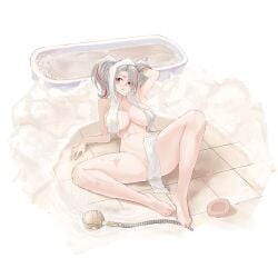 1girls :o absurdres arm_up azur_lane bare_arms bare_legs bare_shoulders barefoot bathroom bathtub blush breasts completely_nude covered_pussy female full_body grey_hair highres iron_blood_(azur_lane) knee_up large_breasts light-skinned_female light_skin looking_at_viewer multicolored_hair nude official_alternate_costume on_floor open_mouth prinz_adalbert_(azur_lane) prinz_adalbert_(bathroom_slip-up)_(azur_lane) red_eyes red_hair shower_head simple_background solo streaked_hair suo_bu_ye_feng thighs toes towel towel_on_head twintails wet white_background white_towel