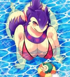 aisaredogtoneko anthro ass barely_visible_genitalia barely_visible_pussy big_butt bikini_thong biped blush breasts cleavage clothed clothing cyndaquil female generation_2_pokemon generation_8_pokemon genitals hisuian_form hisuian_typhlosion huge_butt larger_female nintendo partially_submerged pokemon pokemon_(species) pussy regional_form_(pokemon) size_difference swimwear thick_thighs water