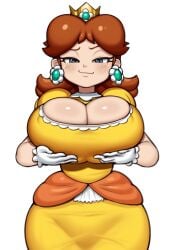 1girls ai_generated big_breasts brown_hair cleavage female female_only grey_impact_(style) holding_breast huge_breasts human large_breasts lubbasdump mario_(series) nintendo princess princess_daisy royalty smirk smug super_mario_bros.