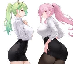 2girls ass bluefield breasts ceres_fauna clothed clothed_female female green_hair hi_res hololive hololive_english hololive_english_-council- hololive_english_-promise- hololive_myth huge_breasts large_ass long_hair mori_calliope naughty_face office_lady pink_eyes pink_hair virtual_youtuber yellow_eyes