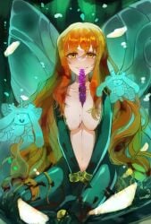 1girls big_breasts blush bodysuit cleavage clothing fairy fairy_wings female female_focus female_only ginger ginger_hair green_bodysuit green_clothing grin ishmael_(limbus_company) jpeg limbus_company long_hair looking_at_viewer open_clothes orange_hair project_moon very_long_hair wings yellow_eyes