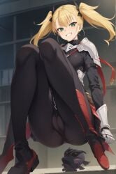 1girls ai_generated armored_gloves black_leggings black_shirt blonde_hair cameltoe cute focus girl green_eyes happy kaiju_no.8 kikoru_shinomiya pussy rengoart shoulder_armor smile sole_female solo solo_female solo_focus tied_hair twintails