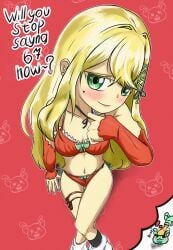 1girls 2026 2d 2d_(artwork) belly_button blonde-haired_female blonde_female blonde_hair blushing bow breasts cleavage english_text female fuzuki_miki fuzuki_miki_(3rd_costume) green_eyes indie_virtual_youtuber long_hair looking_at_viewer mole panties rin_iota streamer text thought_bubble twitter twitter_link virtual_youtuber vtuber youtube youtuber