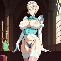 1girls aegis999_(artist) ai_generated big_breasts blue_eyes breasts female garter_straps looking_at_viewer maid_headdress nipples_visible_through_clothing no_bra pearl_(steven_universe) short_hair solo steven_universe thighhighs thighs