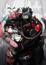 2boys abs absurd_res annoyed anthro arm_around_neck biceps black_body bodily_fluids breast_milking clenched_teeth clothing cuff_(restraint) dragon drone duo erection fluffels19 forced fur furry genital_fluids genitals goo_transformation harness hero hi_res holding_penis humanoid_genitalia humanoid_penis lactating latex leaking_precum machine male male/male male_lactation milking_machine muscular mythological_creature mythological_scalie mythology pecs penile penis penis_milking penis_milking_machine penis_pump precum red_body restraints scalie skinsuit smile smirk standing teeth tight_clothing transformation vein veiny_penis