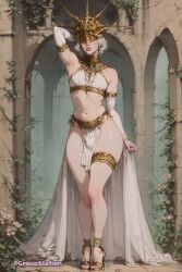 1boy ai_generated androgynous ankle_strap_heels anklet arm_behind_head crotch_bulge dark_souls dark_sun_gwyndolin femboy flat_chest fromsoftware full_body girly gloves groupstation hi_res loincloth mask masked masked_male navel otoko_no_ko seductive_pose solo solo_male stable_diffusion standing thick_hips topwear trap white_hair white_loincloth