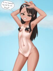 1girls beach black_hair breasts brown_eyes earrings english_text female_focus female_only gatitasecsii hayase_nagatoro long_hair looking_at_viewer navel please_don't_bully_me,_nagatoro pose simple_background small_breasts solo tan tanline tanned text