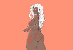 ass ass_focus blush breasts calamitas calamity_mod dark-skinned_female female_only hmidoui long_hair nipples orange_eyes scar signature terraria white_hair white_horns