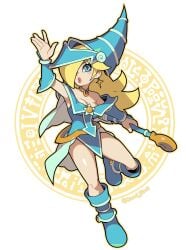 2d 2d_(artwork) big_breasts blonde_hair blue_eyes blue_outfit cape collar cornflowerblue cosplay cute dark_magician_girl_(cosplay) exposed_thighs female female_only hair_over_one_eye knee_boots konami looking_at_viewer magic_circle magical_staff mario_(series) nintendo princess_rosalina staff star_earrings super_mario_galaxy tagme witch_hat yu-gi-oh!