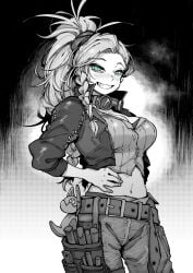 1girls belt big_breasts black_and_white blue_eyes breasts busty capcom clothed clothing colored_eyes crop_top curvaceous curvy curvy_body curvy_female curvy_figure dotted_background female freckles freckles_on_face gemma_(monster_hunter_wilds) goggles goggles_around_neck hand_on_hip karasu_chan midriff monster_hunter monster_hunter_wilds smile squint teal_eyes very_long_hair