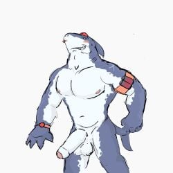 anthro balls big_balls dickinoatmeal epic_games fin fish foreskin fortnite fortnite:_battle_royale genitals hi_res male male_only marine muscular nipples nude penis safety_first_steve_(fortnite) shark smile smirk solo