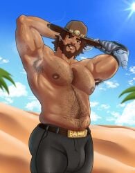 activision armpit_hair bara beard big_bulge blizzard_entertainment brown_hair bulge clothing cole_cassidy cowboy_hat hairy_chest male male_nipples male_only manly mature_male muscular_male nipples overwatch overwatch_2 peanutbara sweat sweating tight_clothing