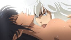 animated animated arshes_nei bastard!! black_hair dark-skinned_female dark_elf dark_schneider elf large_ass large_breasts licking_body long_hair long_hair_male naked pointy_ears very_long_hair white_background white_hair