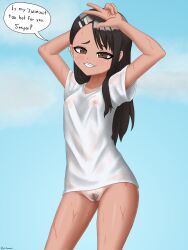 1girls areolae beach black_hair breasts brown_eyes clothed clothing earrings english_text female_focus female_only gatitasecsii hayase_nagatoro long_hair looking_at_viewer nipples please_don't_bully_me,_nagatoro pose pubic_hair revealing_clothes simple_background small_breasts solo tan tanline tanned text