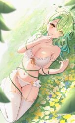 1girls 2d 2d_(artwork) alternate_costume belly_button big_breasts bra ceres_fauna cleavage day diagonal_angle female female_focus female_only flowers flowers_in_hair full_body grass green_hair hair_over_one_eye high_resolution highres hololive hololive_english hololive_english_-council- hololive_english_-promise- hourglass_figure jpeg light-skinned_female light_skin lingerie long_hair looking_at_viewer lying lying_on_grass navel outdoors revealing_clothes slim_girl solo solo_female solo_focus thong virtual_youtuber vtuber vtuberfanart white_bra white_lingerie white_thighhighs white_thong yellow_eyes young younger_female