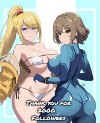 2girls alternate_costume anis_(nikke) anis_(nikke)_(cosplay) ass blonde_hair bodysuit breasts brown_hair cosplay crossover female female_only goddess_of_victory:_nikke jpeg large_breasts lgc_cat metroid nintendo outfit_swap ponytail samus_aran short_hair thick_thighs thighs zero_suit zero_suit_samus_(cosplay)