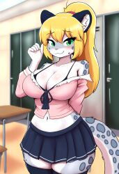 adeline_(oc) ai_generated anthro blonde_hair blush bra breasts cleavage desk female female_only green_eyes legwear lockers nai_diffusion navel novelai school_uniform self_upload skirt snow_leopard weedvee420