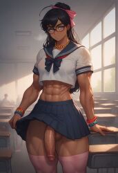 abs ai_generated dark-skinned_futanari dark_skin flaccid futa_only futanari glasses masomelon muchin_(style) muscular_futanari nerdy_female school_uniform skirt_lift solo veiny_penis