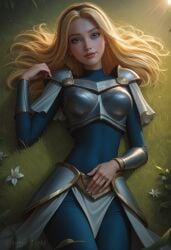 1girls ai_generated angel_light angel_light_(artist) armor blonde_hair blue_eyes headband league_of_legends lux luxanna_crownguard on_grass