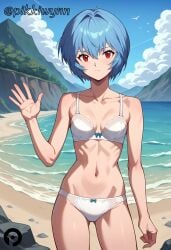 ai_generated ass_visible_through_thighs bangs beach bird blue_hair blue_sky bow bow_bra bow_panties bra breasts closed_mouth cloud collarbone cowboy_shot day female hair_between_eyes hand_up horizon looking_at_viewer mountain mountainous_horizon navel neon_genesis_evangelion ocean outdoors panties pikkiwynn red_eyes rei_ayanami sand short_hair sky small_breasts solo standing thighs underwear underwear_only waving white_bra white_panties