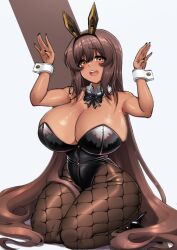 1girls artist_request breasts brown_eyes brown_hair brown_skin bunny_ears bunny_girl bunnysuit dark-skinned_female dark_skin female goddess_of_victory:_nikke huge_breasts kneeling light_skin long_hair noir_(nikke) smile thick_thighs thighs wide_hips