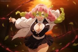 ai_generated artkoikoi big_breasts breasts cleavage cleavage_cutout demon_slayer female female_focus female_only gradient_hair green_eyes hi_res high_resolution highres huge_breasts kanroji_mitsuri kimetsu_no_yaiba koikoi skirt solo solo_female solo_focus