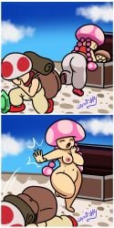 1boy 1girls barefoot breasts completely_nude completely_nude_female embarrassed embarrassed_nude_female enf female full_body mario_(series) mushroom naked naked_female nipples nude nude_female sqootshy suddenly_naked super_mario_bros. toad_(mario) toadette