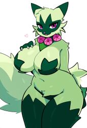 ai_generated anthro anthrofied big_breasts breasts felid female floragato flower fur generation_9_pokemon green_body green_fur heart hellsonger hi_res looking_at_viewer mammal nintendo pokemon pokemon_(species) pokemorph simple_background solo thick_thighs white_background wide_hips