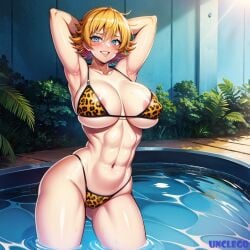 1girls abs ai_generated areolae arm_behi arm_behind_head armpits arms_up bathing big_breasts bikini blonde_hair blue_eyes blush bodybuilder breasts fit_female huge_breasts igawa_sakura indoors leopard_print leopard_print_bikini looking_at_viewer muscular_female ninja pool self_upload short_hair smile stable_diffusion standing string_bikini taimanin_(series) taimanin_asagi unclego