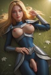 1girls ai_generated angel_light angel_light_(artist) armor balls blonde_hair blue_eyes breasts dickgirl futanari headband league_of_legends lux luxanna_crownguard nipples on_grass penis