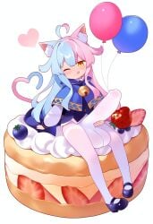 ai_generated animal_ears blue_hair erection_under_clothes food futanari hand_on_penis hanmu0w0 hanmu0w0_(artist) heart_ahoge huge_cock huge_testicles light_blue_hair orange_eyes pink_hair red_hair split-color_hair two_tone_hair white_pantyhose