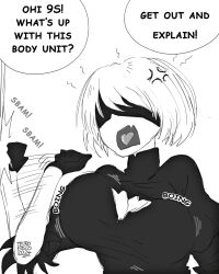 1girls alternate_breast_size angry big_breasts blindfold body_modification breasts english_text female female_only hairband light-skinned_female light_skin monochrome nier nier:_automata short_hair solo tetrofosco text white_background white_hair yorha_2b