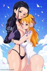 2girls ass bare_arms bare_legs bare_shoulders bare_thighs big_ass big_breasts black_hair blue_eyes blush clothed clothing color elpipe3000 female female_focus female_only gloves headphones hi_res jacket large_breasts light-skinned_female light_skin long_hair looking_at_viewer multiple_girls nami nami_(one_piece) nico_robin nico_robin_(egghead) nipples_visible_through_clothing one_piece one_piece:_egghead_arc orange_eyes orange_hair post-timeskip shounen_jump solo_female tagme tattoo thick_thighs