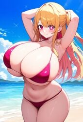 1st_to_die ai_generated alternate_breast_size beach bikini bikini_top blonde_hair gigantic_breasts hoshino_ruby huge_breasts light-skinned_female light_skin massive_breasts oshi_no_ko pink_eyes shounen_jump+ side_ponytail stable_diffusion thick_female voluptuous voluptuous_female