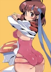 1girls 2024 arms_up blue_headband breasts brown_eyes brown_hair clothing cropped_jacket female female_only gunbuster headband highres hip_vent huge_ass jacket jacket_lift leotard looking_at_viewer looking_back matching_hair/eyes mecha medium_breasts nipple_bulge noriko_takaya petitdry pink_leotard robot rx-7_(gunbuster) short_hair simple_background skindentation solo standing sweatband thick_thighs thighs tight_clothing turtleneck turtleneck_jacket undressing wide_hips yellow_background