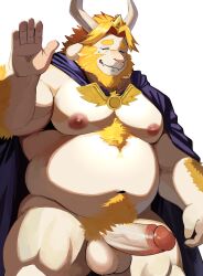 2024 absurd_res anthro arm_hair asgore_dreemurr balls barazoku beard belly biceps big_balls big_belly big_muscles big_penis blonde_hair bodily_fluids body_hair boss_monster_(undertale) bovid cape caprine chest_hair closed_eyes clothing crown erection eyebrows facial_hair fur genitals gesture glans goat hair happy_trail headgear hi_res horn huge_muscles humanoid_genitalia humanoid_penis kemono long_hair male mammal musclegut muscular muscular_anthro muscular_male navel nipples nude overweight overweight_anthro overweight_male pecs penis pubes simple_background smile solo standing sweat sweatdrop thick_thighs undertale_(series) waving white_background white_body white_fur whitebeast20