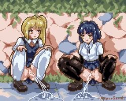 2girls animated artist_request bocchi_the_rock! female gif grass ijichi_nijika multiple_girls peeing pixel_art pussy skirt spread_legs urine yamada_ryou yellow_eyes