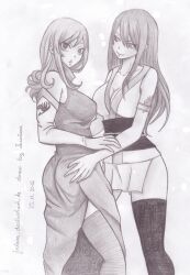 2012 2girls artist_signature ass_in_dress bedroom_eyes dated erza_scarlet fairy_tail fully_clothed greyscale hand_on_ass juvia_lockser juviaaa sketch tattooed_arm thighhighs yuri