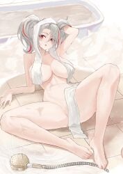 1girls :o absurdres arm_up azur_lane bare_arms bare_legs bare_shoulders barefoot bathroom bathtub blush breasts completely_nude covered_pussy cropped female full_body grey_hair highres iron_blood_(azur_lane) knee_up large_breasts light-skinned_female light_skin looking_at_viewer multicolored_hair nude official_alternate_costume on_floor open_mouth prinz_adalbert_(azur_lane) prinz_adalbert_(bathroom_slip-up)_(azur_lane) red_eyes red_hair shower_head solo streaked_hair suo_bu_ye_feng thighs toes towel towel_on_head twintails wet white_towel