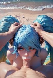 1boy 1girls ai_generated beach blowjob blue_eyes blue_hair deepthroat fellatio female good_girl hand_on_head hands_on_head head_held_down head_push head_pushed_down league_of_legends male pov pov_eye_contact riot_games sona_buvelle