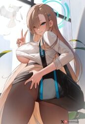 1girls ass asuna_(blue_archive) blonde_hair blue_archive blue_eyes breasts dat_ass female greatodoggo hair_over_one_eye hi_res hips huge_ass huge_breasts light-skinned_female light_skin long_hair naughty_face peace_sign thick_thighs thighs wide_hips