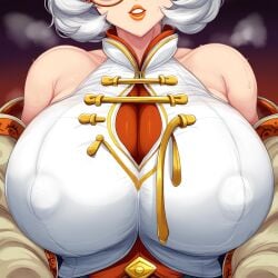 ai_generated bimbofication breast_focus cleavage isoai massive_breasts nai_diffusion nipples_visible_through_clothing orange_lipstick purah_(tears_of_the_kingdom) pursed_lips revolverwingstudios_(style) the_legend_of_zelda upper_body