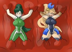 2girls angry arm_grab bare_thighs blonde_hair blush bodysuit bondage bound breast_expansion breasts brown_eyes captured clenched_teeth covered_navel crossover dragalia_lost elisanne female female_only femsub fire_emblem fire_emblem:_the_blazing_blade green_eyes green_hair heavy_breathing large_breasts leg_grab leotard long_hair lyn_(fire_emblem) monster multiple_girls multiple_subs nintendo open_mouth ponytail protoy rape restrained story_at_source thick_thighs thighhighs thighs transformation