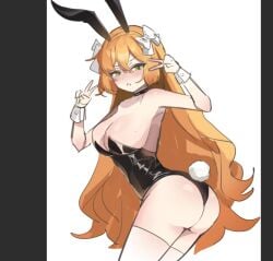 1girls ass big_breasts bunny_ears bunny_tail bunnysuit cleavage corset female female_focus female_only ginger ginger_hair green_eyes hair_ornament ishmael_(limbus_company) limbus_company long_hair orange_hair peace_sign project_moon very_long_hair