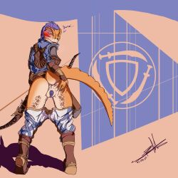 1:1 2022 alikr anthro archer argonian ass bethesda_softworks blue_eyes bottomwear bow_(weapon) clothing dated desert female foxmelra genitals heat_(temperature) hi_res hotpants orange_body pants pussy ranged_weapon scalie shorts solo tail the_elder_scrolls the_elder_scrolls_online translucent video_games weapon