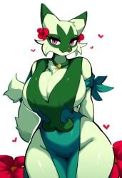 ai_generated anthro anthrofied big_breasts breasts breasts_bigger_than_head felid female floragato flower fur generation_9_pokemon green_body green_fur heart hellsonger hi_res looking_at_viewer mammal nintendo pokemon pokemon_(species) pokemorph simple_background solo thick_thighs white_background wide_hips