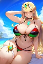 ai_generated artist_request beach big_breasts blonde_female blonde_hair breasts core_crystal long_hair mythra pan_african_flag_bikini thick_thighs tsundere xenoblade_(series) xenoblade_chronicles_2 yellow_eyes