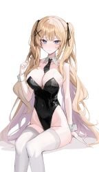 +_+ arm_support asymmetrical_sidelocks bare_shoulders black_bunnygirl_costume black_bunnysuit black_leotard black_necktie black_ribbon blonde_female blonde_hair blonde_hair_female blue_eyes blue_eyes_female blush blushing breasts bunnygirl bunnygirl_outfit cleavage closed_mouth collar collarbone covered_navel curled_fingers detached_collar double-parted_bangs embarrassed embarrassed_female eyebrows_visible_through_hair feet_out_of_frame female groin hair_ornament hair_over_shoulder hair_ribbon hairclip highleg highleg_leotard invisible_chair large_breasts leotard light_blush long_hair looking_at_viewer necktie nephthys2356 original original_art original_artwork original_character original_characters playboy_bunny ribbon short_necktie sidelocks simple_background sitting solo star_(symbol) star_in_eye strapless strapless_leotard symbol_in_eye thighhighs tie_clip twintails twintails_(hairstyle) upper_body v-line very_long_hair white_background white_collar white_thighhighs white_wrist_cuffs wrist_cuffs x_hair_ornament