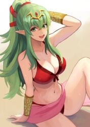 1girls alternate_costume arm_guards arm_support bikini breasts cleavage female female_only fire_emblem fire_emblem_awakening fire_emblem_heroes green_eyes green_hair groin groin_tendon hair_between_eyes high_ponytail highres labebebe_lee large_breasts looking_at_viewer navel nintendo official_alternate_costume pointy_ears red_bikini red_swimsuit sarong sidelocks smile solo swimsuit thighs tiki_(adult)_(fire_emblem) tiki_(adult)_(summer)_(fire_emblem) tiki_(fire_emblem) wet