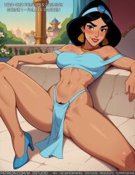 1girls abs ai_generated aladdin artist_name bangs bare_shoulders black_hair blue_footwear blue_shirt blush breasts brown_eyes clothing crop_top dark-skinned_female dark_skin day disney earrings english_text female female_only female_pubic_hair flower gem hairband high_heels highleg highleg_panties human jasmine_(aladdin) jewelry large_breasts lips lipstick loincloth long_hair looking_at_viewer makeup medium_breasts midriff navel necklace off-shoulder_shirt off_shoulder outdoors parted_lips patreon_username pelvic_curtain princess_jasmine pubic_hair pubic_hair_peek red_lips shirt sitting sky smile solo spread_legs teeth thighs tiara toned underwear watermark web_address wodstudio